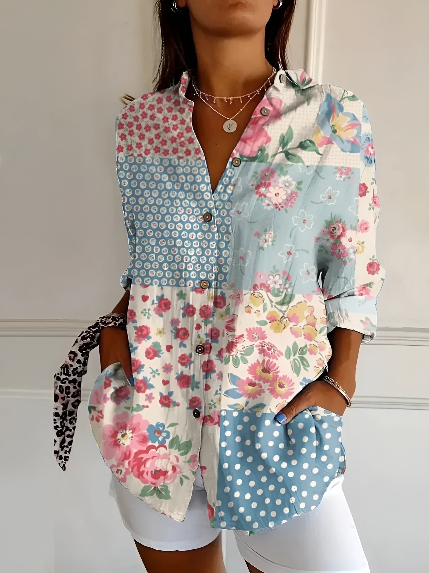 Jade Women’s Blouse with Polka Dot Print and Button Placket for Summer Style 1
