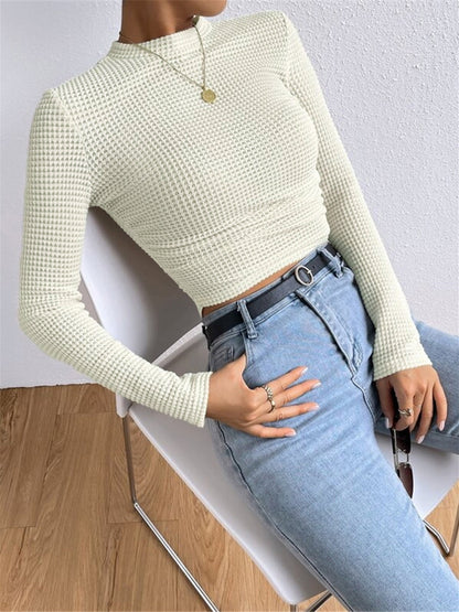 Jana Women’s Long Sleeve Crop Top with Waffle Knit Texture and Body-Hugging Fit 2