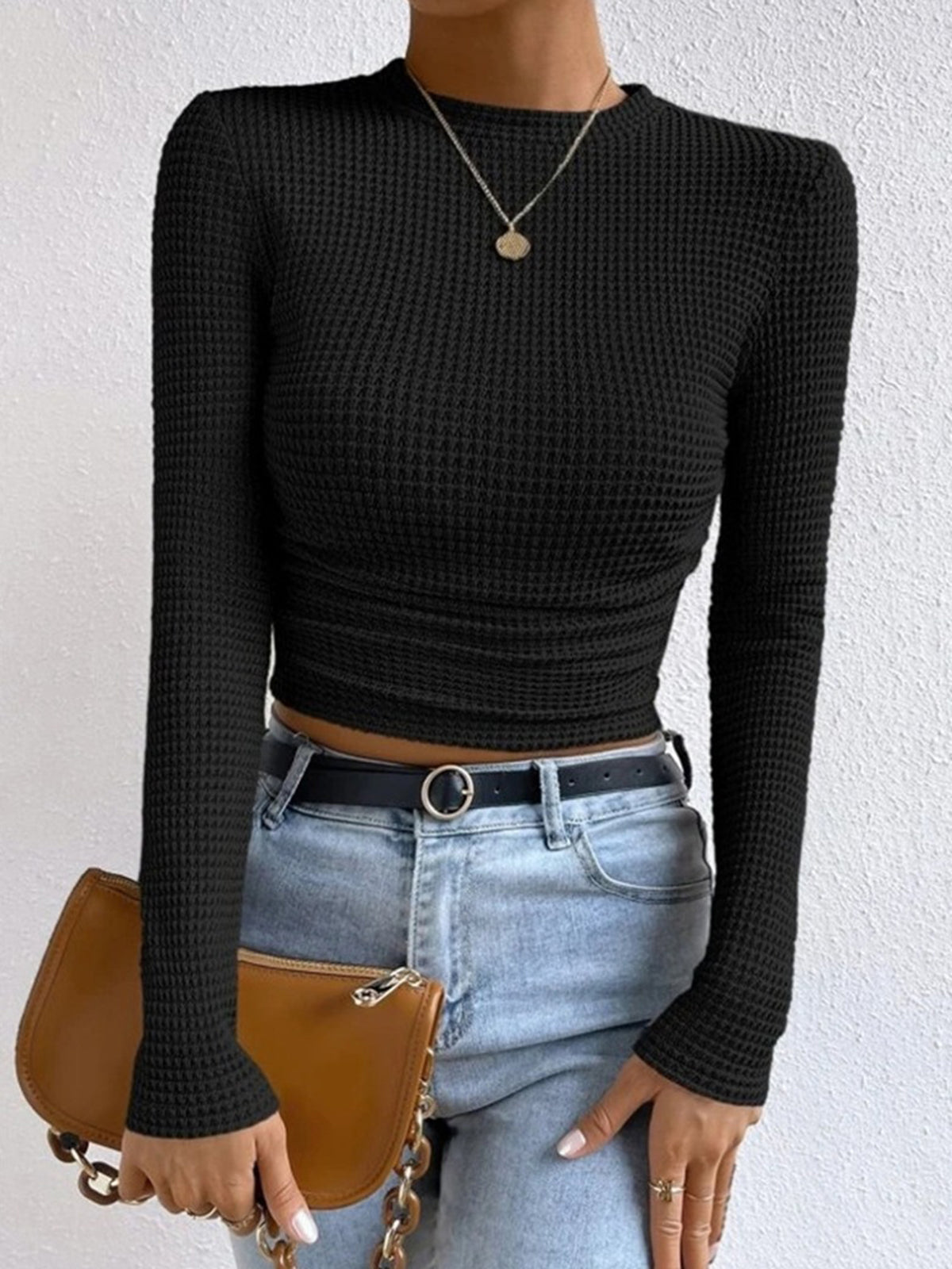 Jana Women’s Long Sleeve Crop Top with Waffle Knit Texture and Body-Hugging Fit 7