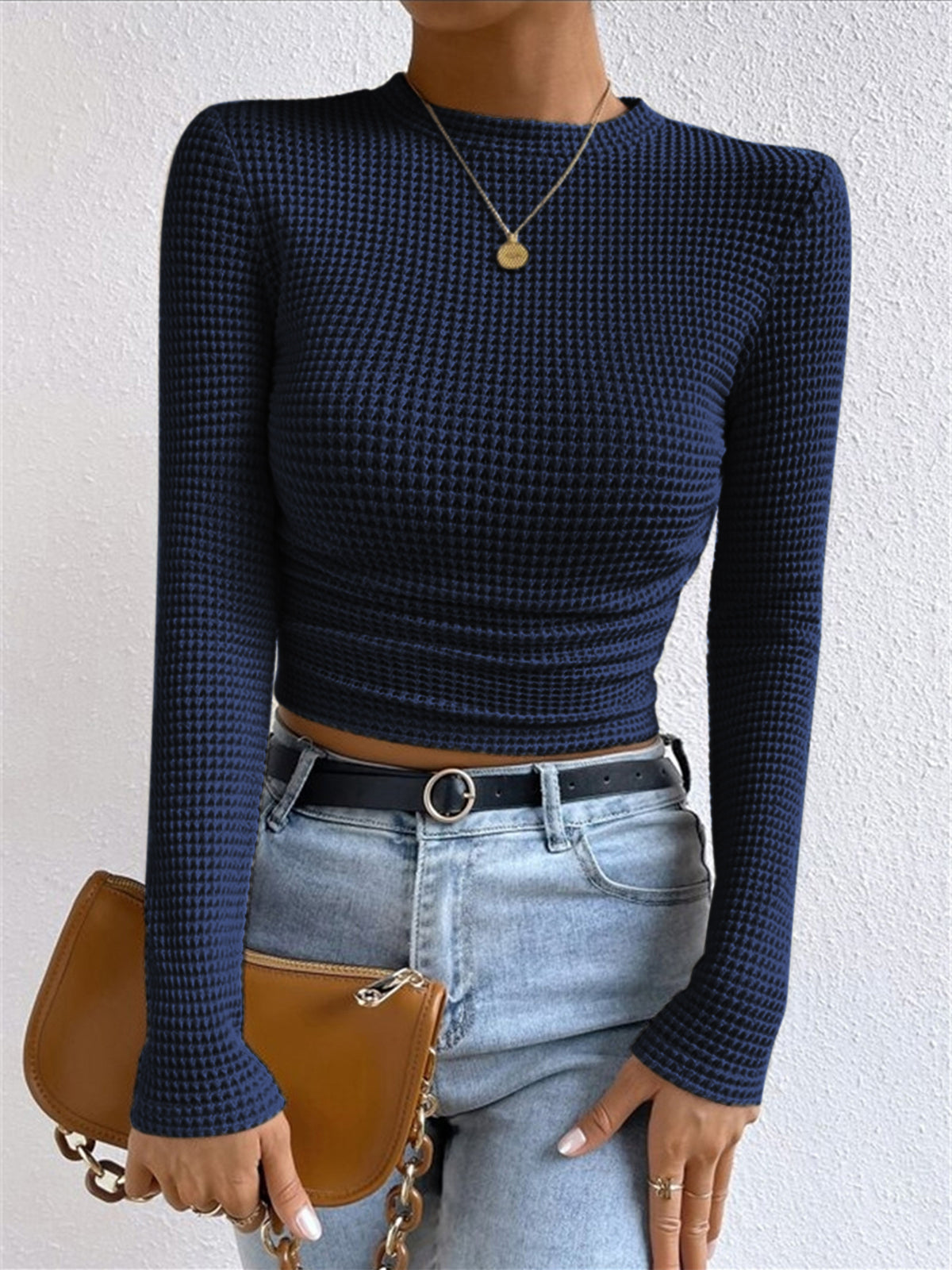 Jana Women’s Long Sleeve Crop Top with Waffle Knit Texture and Body-Hugging Fit 9