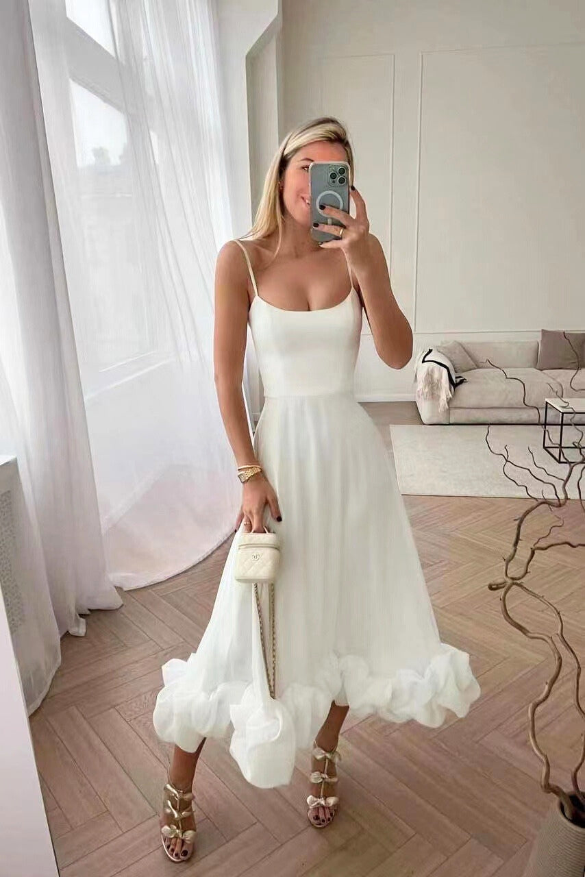 Jasmin Women’s Wedding Guest Dress with Ruffle Hem and Spaghetti Straps 1