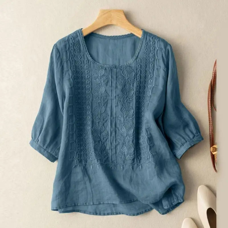 Jasmine Women’s Blouse with Embroidered Crew Neck and Loose Fit Design 1