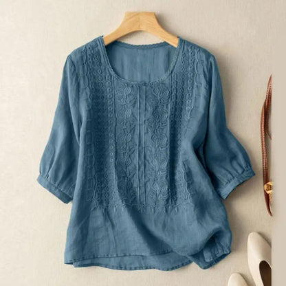 Jasmine Women’s Blouse with Embroidered Crew Neck and Loose Fit Design 1
