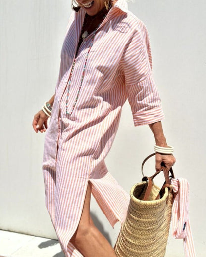 Jasmine Women’s Shirt Dress with Timeless Striped Pattern and Belted Waist 1