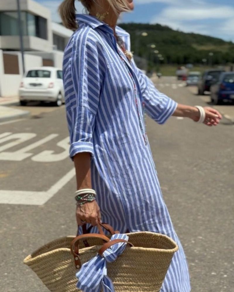 Jasmine Women’s Shirt Dress with Timeless Striped Pattern and Belted Waist 2