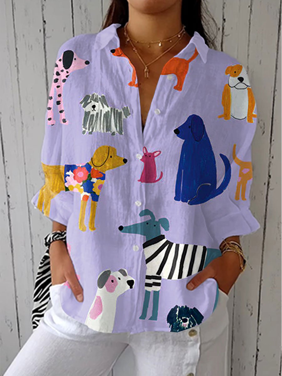 Joyful Women’s Blouse with Playful Dog Print and Relaxed Fit 0