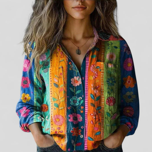 Kara Women’s Shirt with Floral Patchwork Design and Three-Quarter Sleeves 0