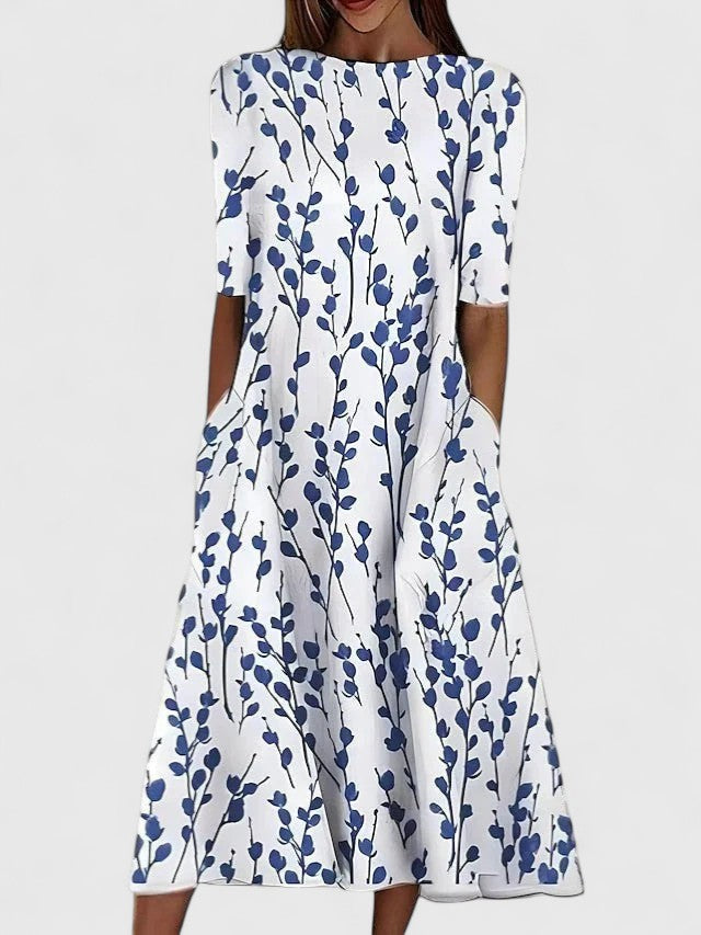Karelieth Women’s Midi Dress with Floral Print and Round Neckline for Summer Elegance 0