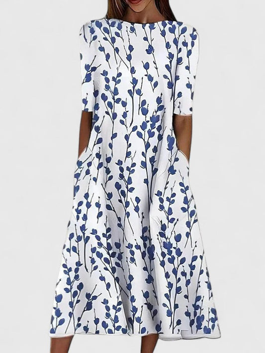 Karelieth Women’s Midi Dress with Floral Print and Round Neckline for Summer Elegance 0