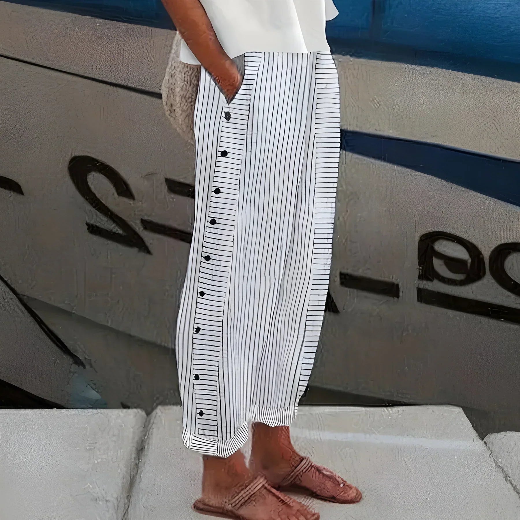 Kora Women's Trousers with Elastic Waistband and Stripe Pattern 2