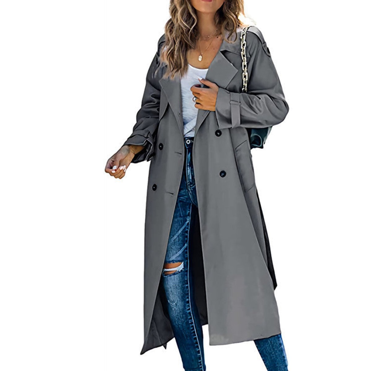 Layla Women's Longline Trench Coat | Oversized Double-Breasted with Belt 6