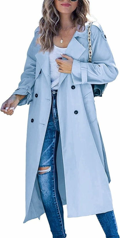 Layla Women's Longline Trench Coat | Oversized Double-Breasted with Belt 9