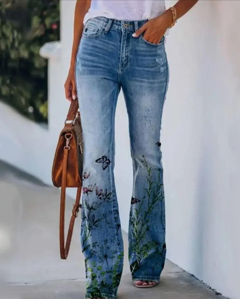 Lena Women’s Flared Jeans with High-Waist Fit and Floral Print 0