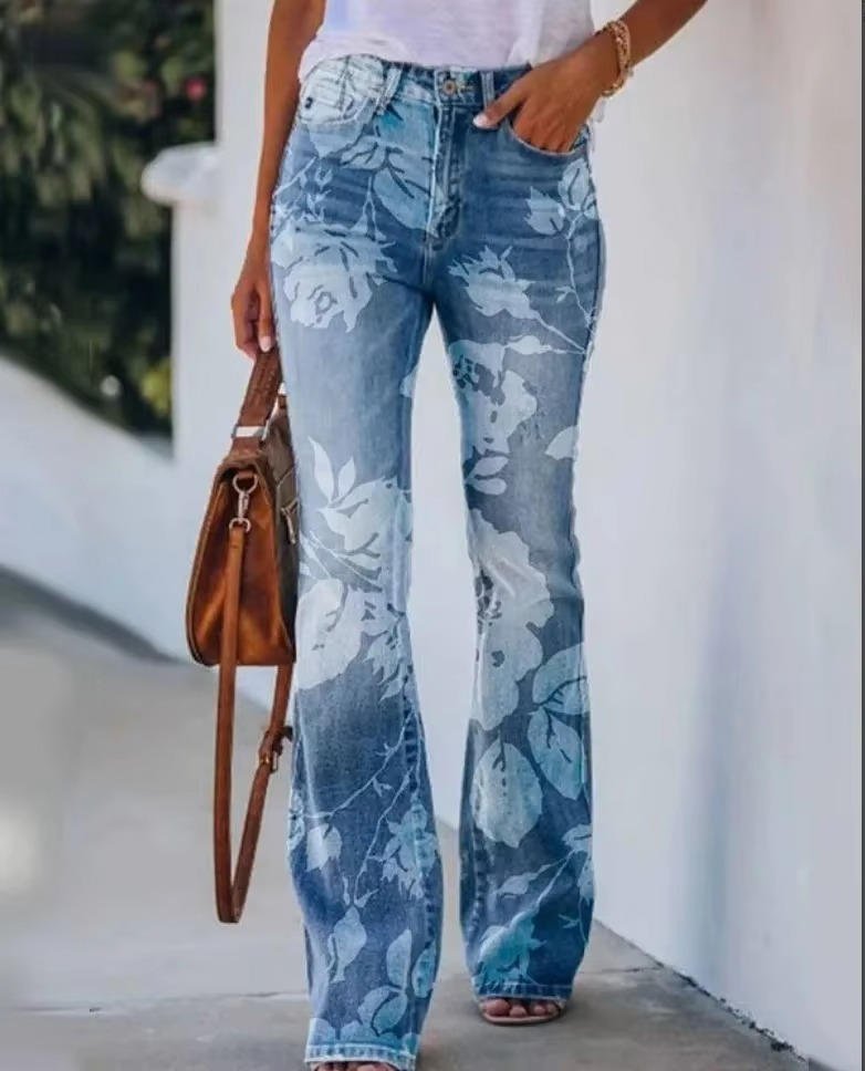 Lena Women’s Flared Jeans with High-Waist Fit and Floral Print 2