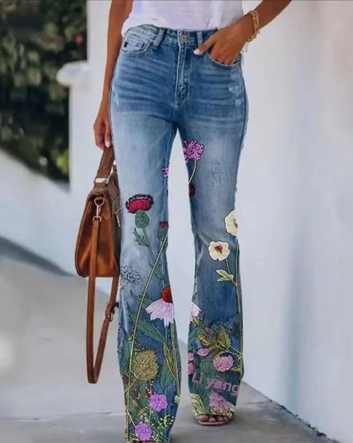 Lena Women’s Flared Jeans with High-Waist Fit and Floral Print 3