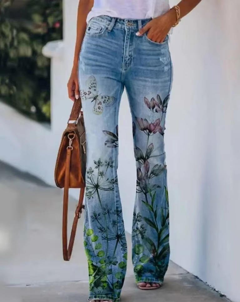 Lena Women’s Flared Jeans with High-Waist Fit and Floral Print 4