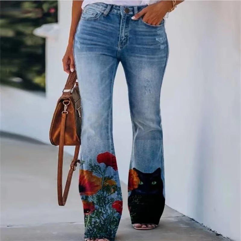 Lena Women’s Flared Jeans with High-Waist Fit and Floral Print 6
