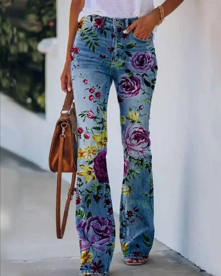 Lena Women’s Flared Jeans with High-Waist Fit and Floral Print 8
