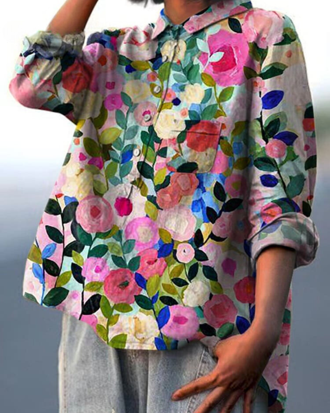 Leonie Women’s Floral Blouse with Button Placket and Pocket 1