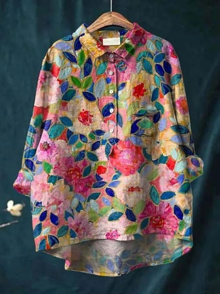 Leonie Women’s Floral Blouse with Button Placket and Pocket 10