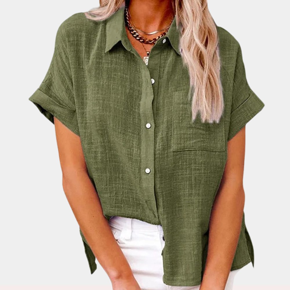 Leonie Women’s Short Sleeve Shirt Blouse with Chest Pocket and Button Closure 2
