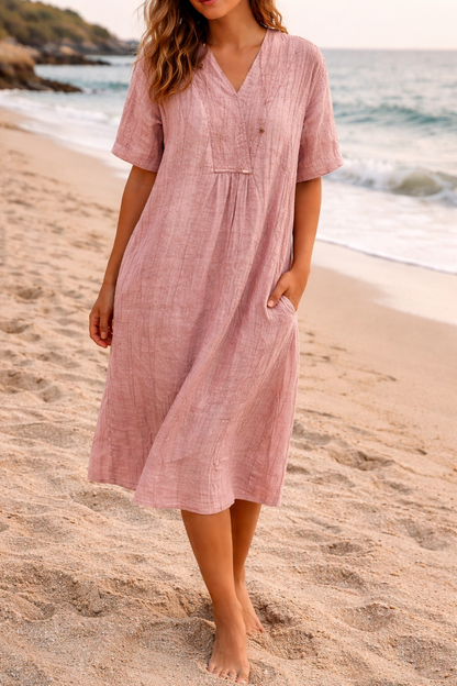 Lina Women’s Midi Dress with Relaxed Fit and V Neckline and Practical Pockets 0