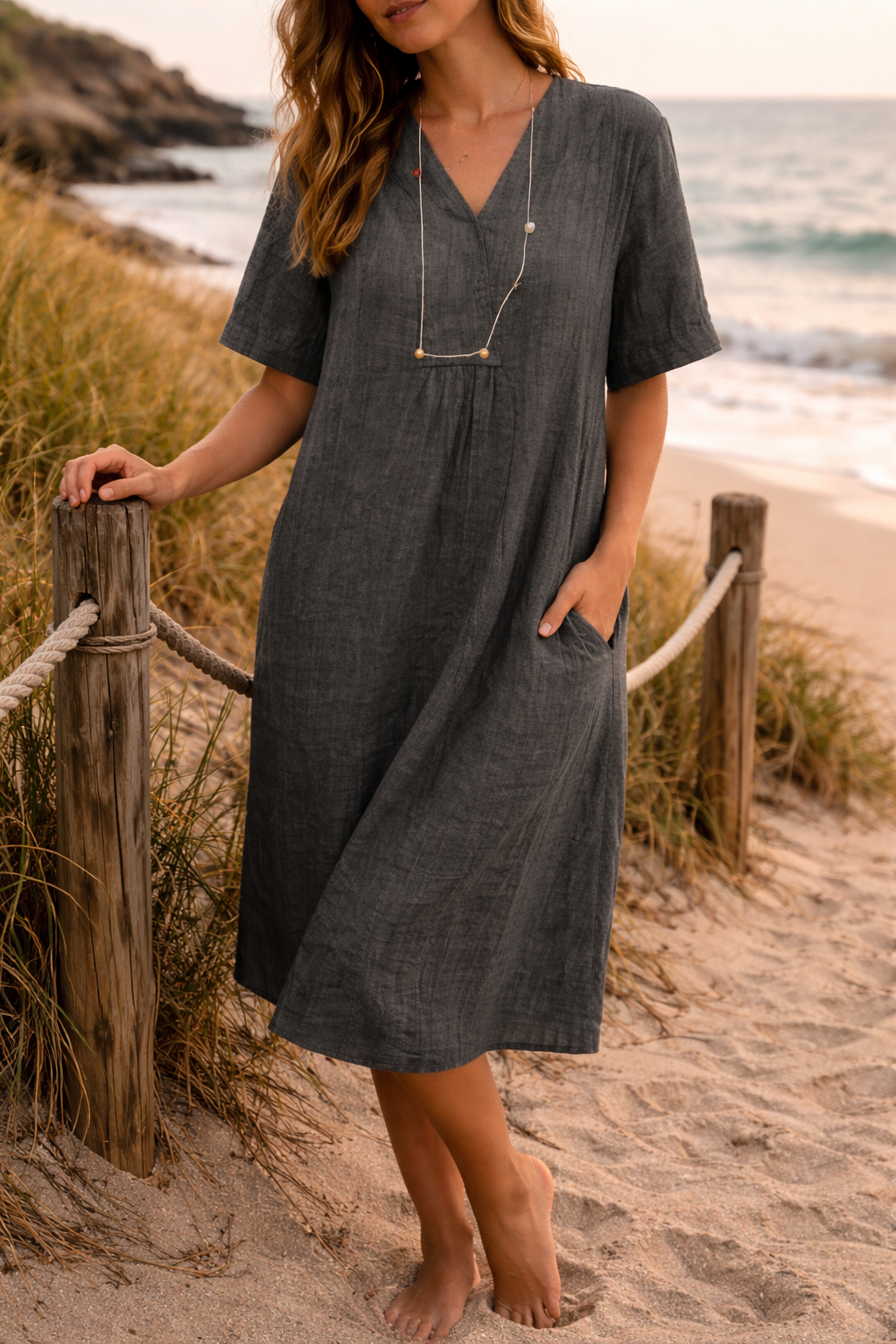 Lina Women’s Midi Dress with Relaxed Fit and V Neckline and Practical Pockets 4