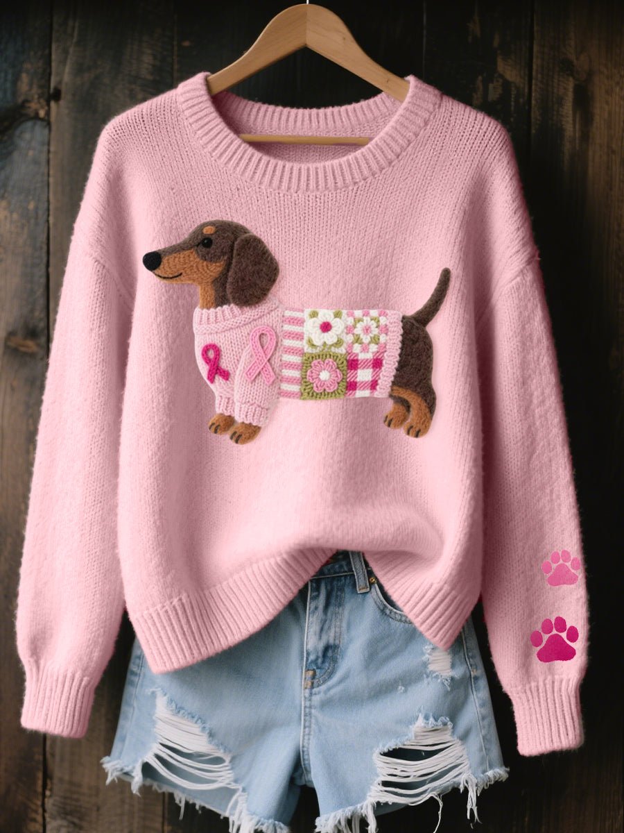 Liora Women's Crewneck Knit Sweater | Dachshund Patchwork Embroidery 0