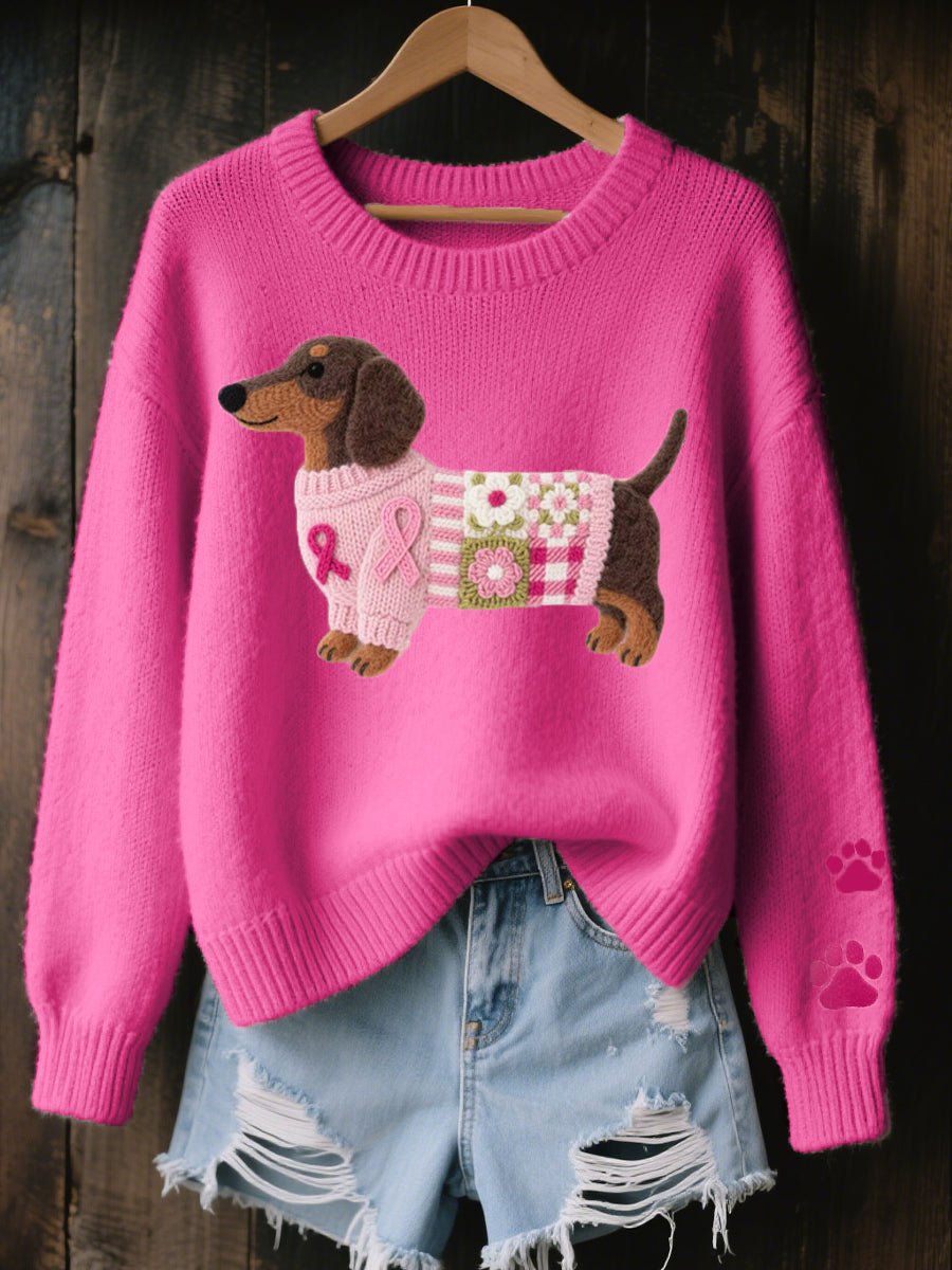 Liora Women's Crewneck Knit Sweater | Dachshund Patchwork Embroidery 1