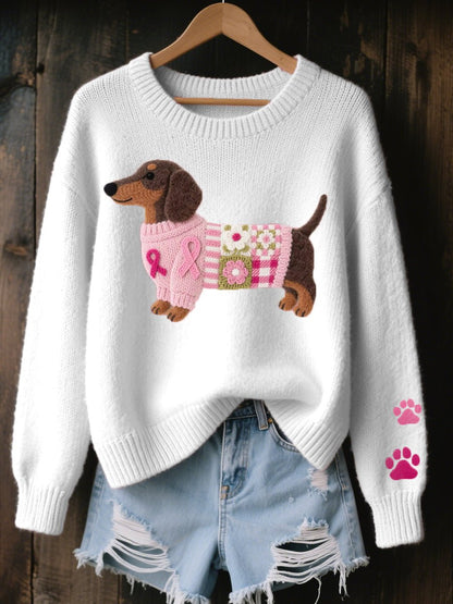 Liora Women's Crewneck Knit Sweater | Dachshund Patchwork Embroidery 2