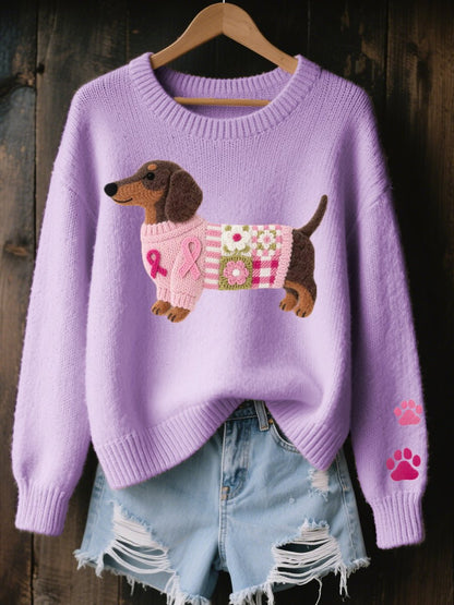 Liora Women's Crewneck Knit Sweater | Dachshund Patchwork Embroidery 3