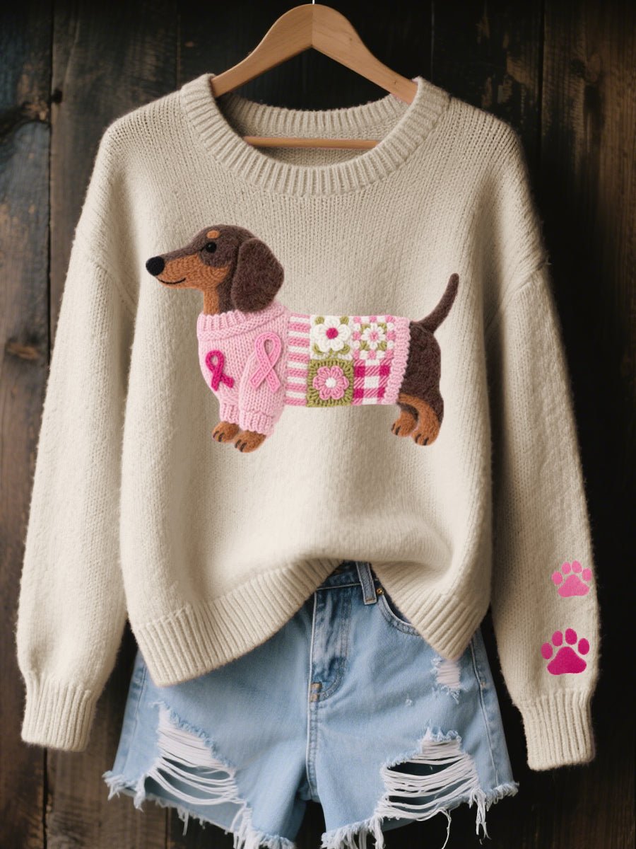 Liora Women's Crewneck Knit Sweater | Dachshund Patchwork Embroidery 4