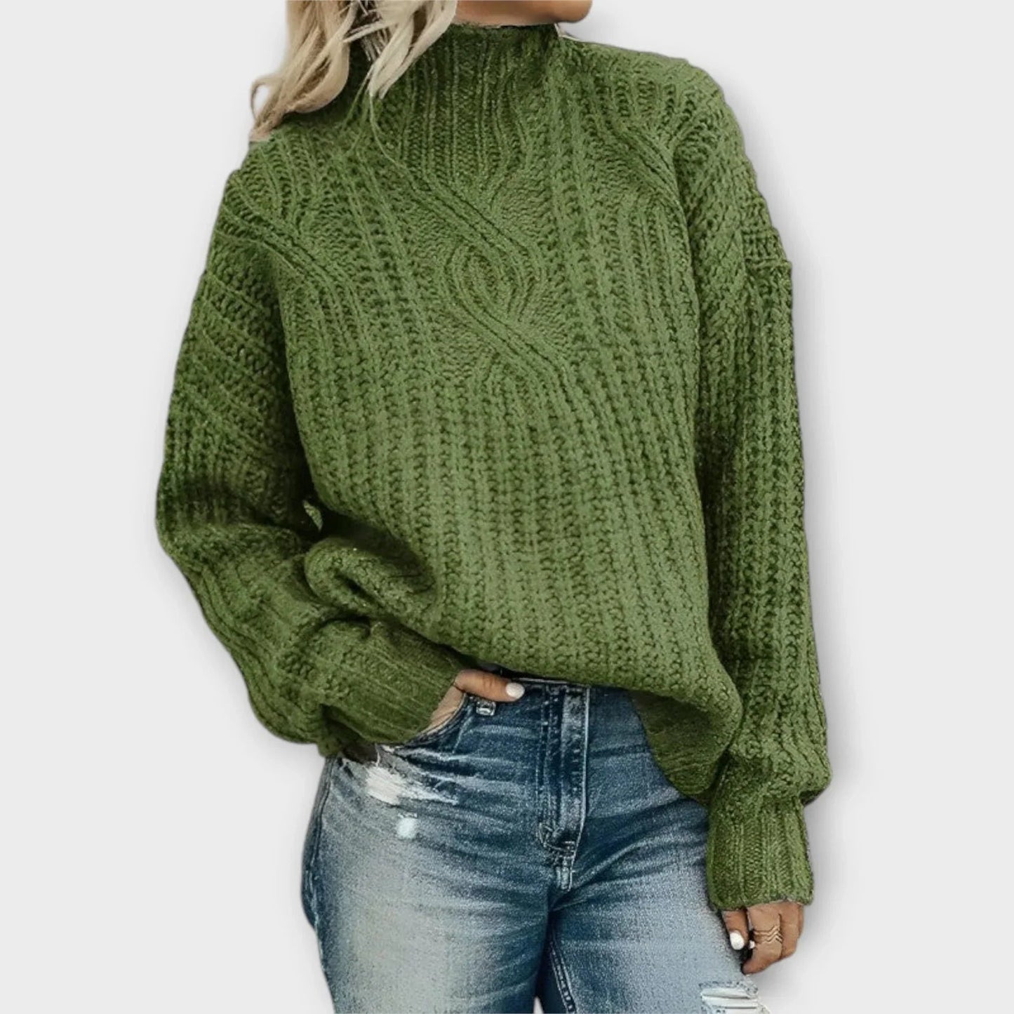 Liora Women's High-Neck Sweater | Cable Knit, Relaxed Fit 1
