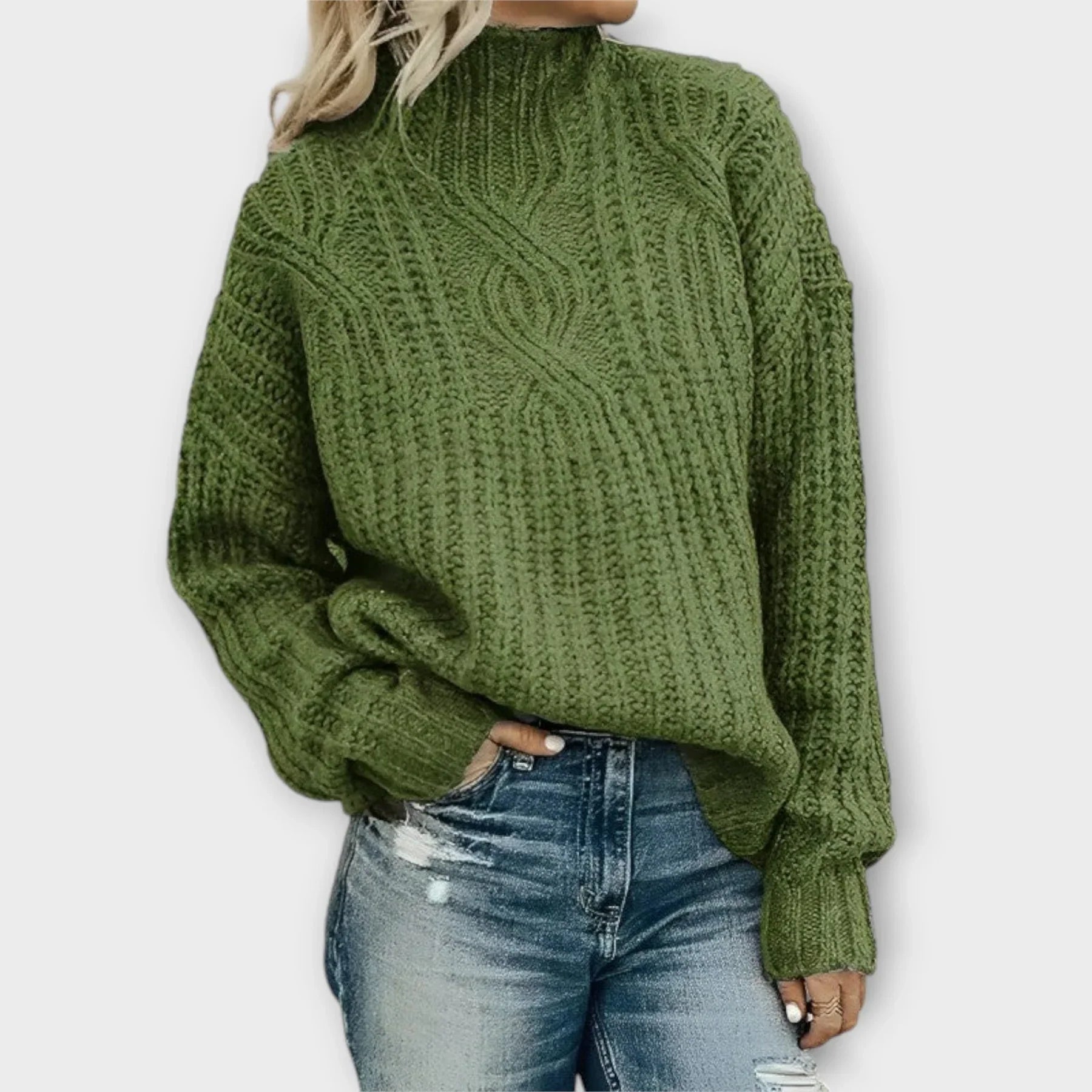 Liora Women's High-Neck Sweater | Cable Knit, Relaxed Fit 1