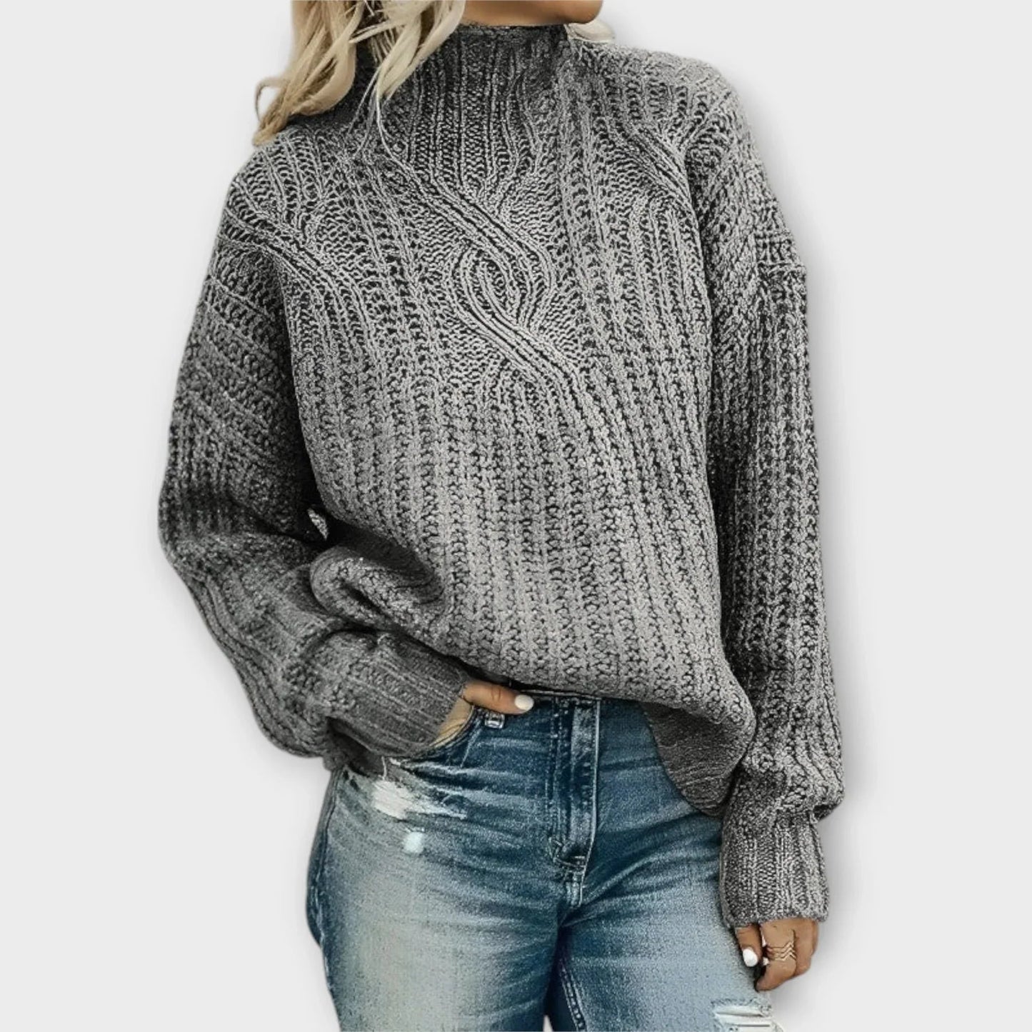 Liora Women's High-Neck Sweater | Cable Knit, Relaxed Fit 2