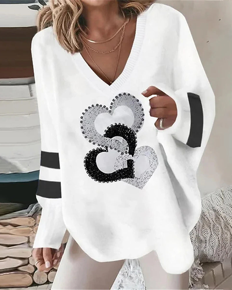 Liora Women's Oversized Sweater | Sequin Heart Print, Contrast Stripe Sleeves 0