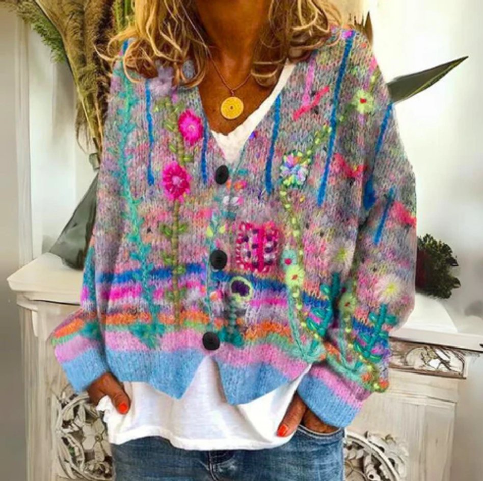 Luna Women’s Cardigan Sweater with Floral Embroidery and Button-Front Design 0