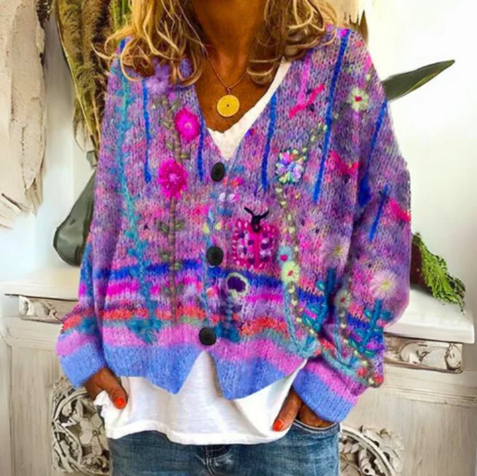 Luna Women’s Cardigan Sweater with Floral Embroidery and Button-Front Design 1