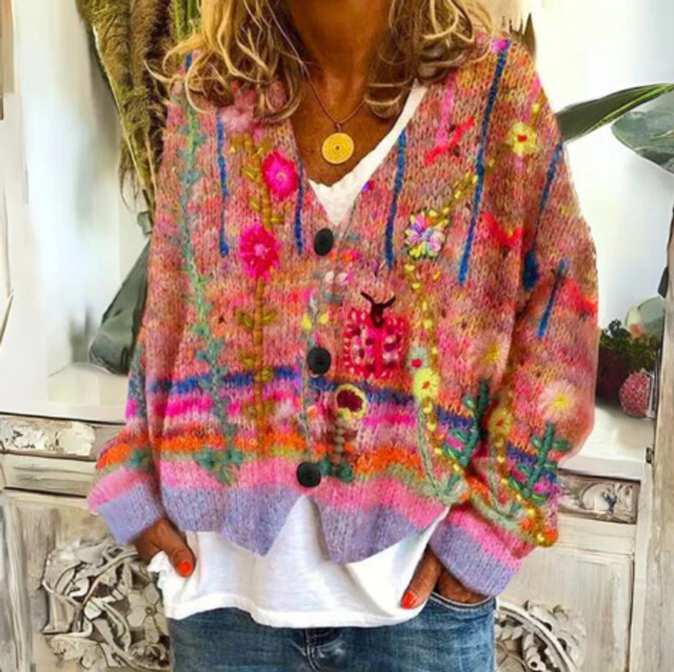 Luna Women’s Cardigan Sweater with Floral Embroidery and Button-Front Design 2