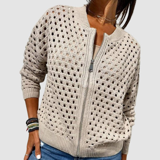 Luna Women's Cardigan Sweater with Hollow-Knit Pattern and Full-Length Zipper 0
