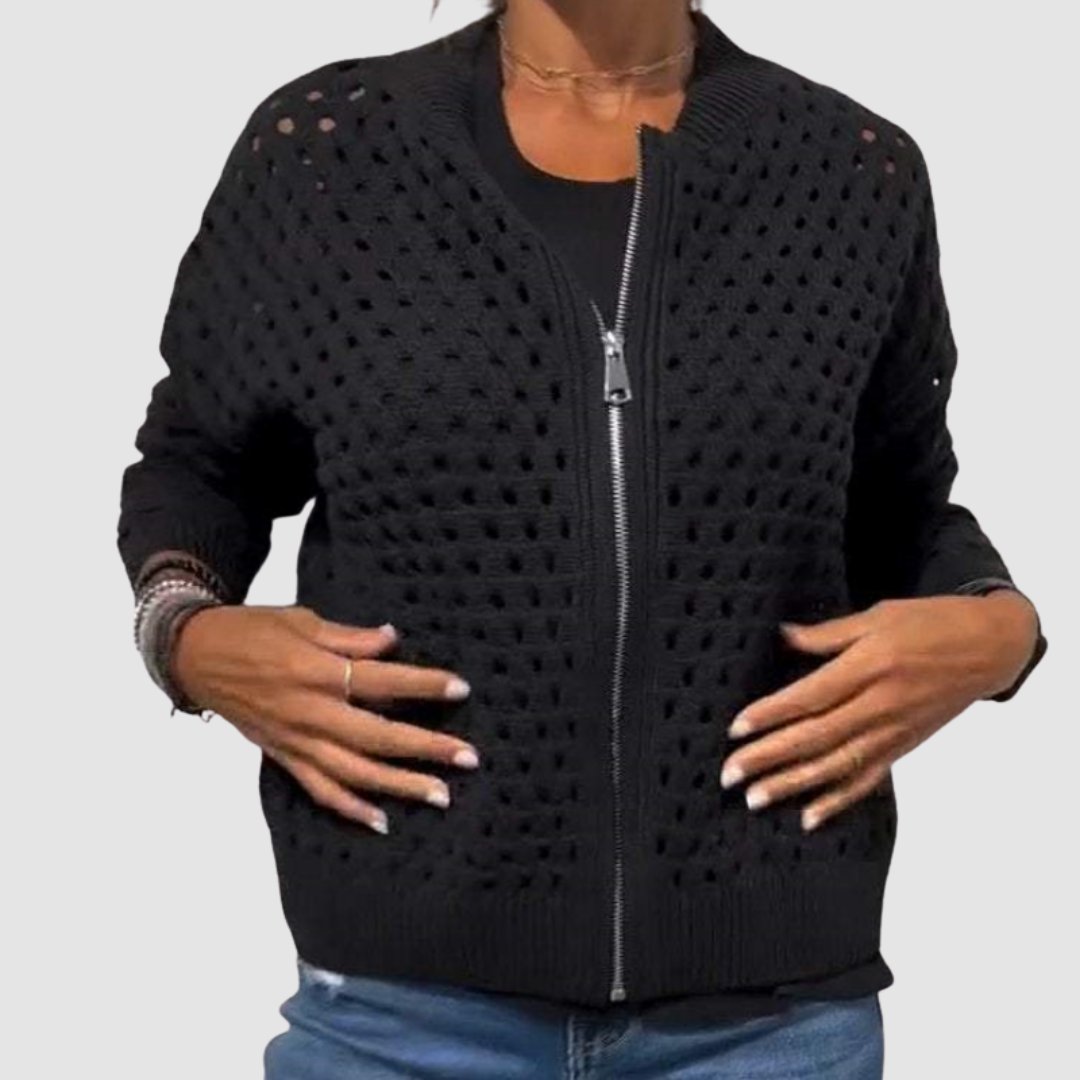 Luna Women's Cardigan Sweater with Hollow-Knit Pattern and Full-Length Zipper 1