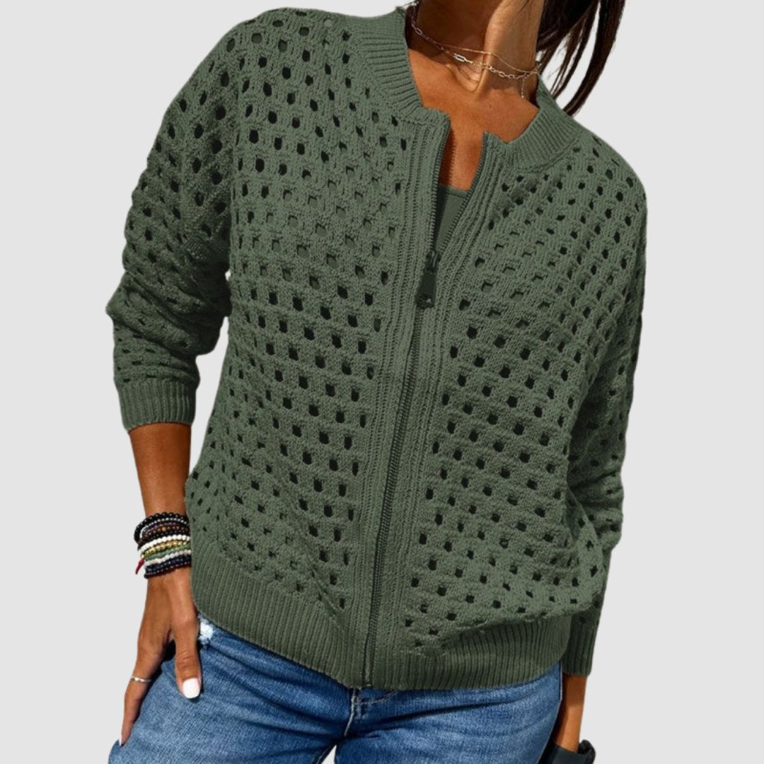 Luna Women's Cardigan Sweater with Hollow-Knit Pattern and Full-Length Zipper 2