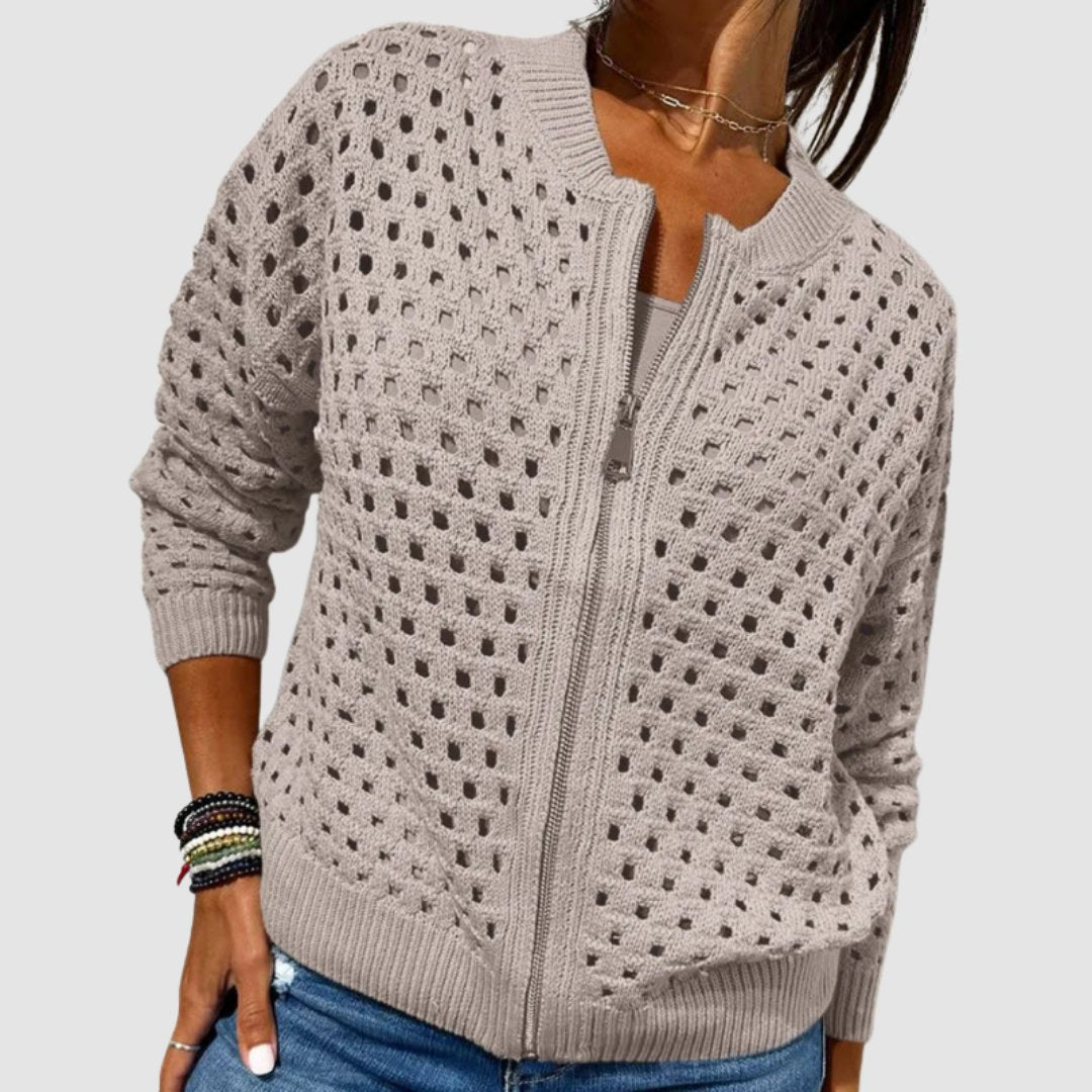 Luna Women's Cardigan Sweater with Hollow-Knit Pattern and Full-Length Zipper 3