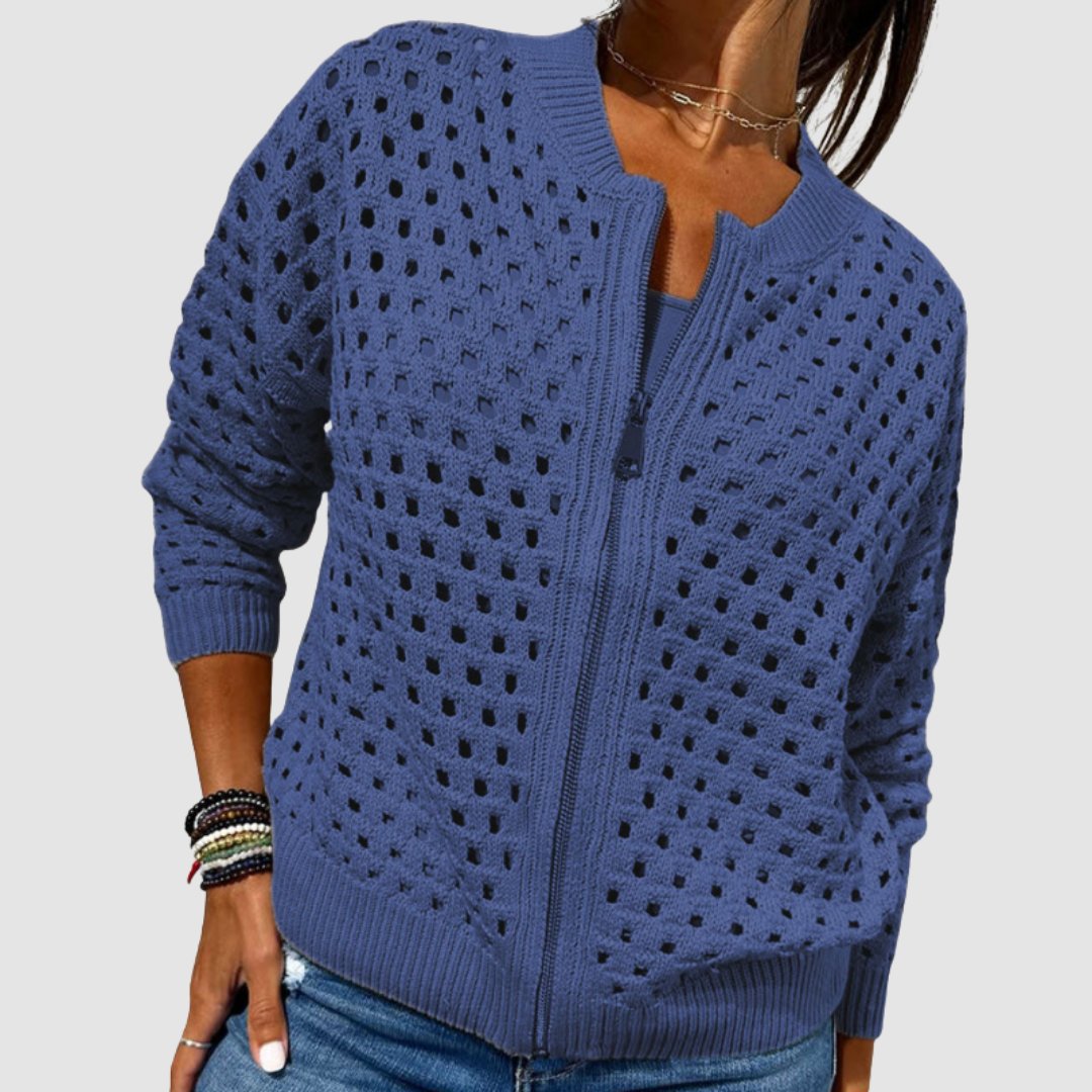 Luna Women's Cardigan Sweater with Hollow-Knit Pattern and Full-Length Zipper 4