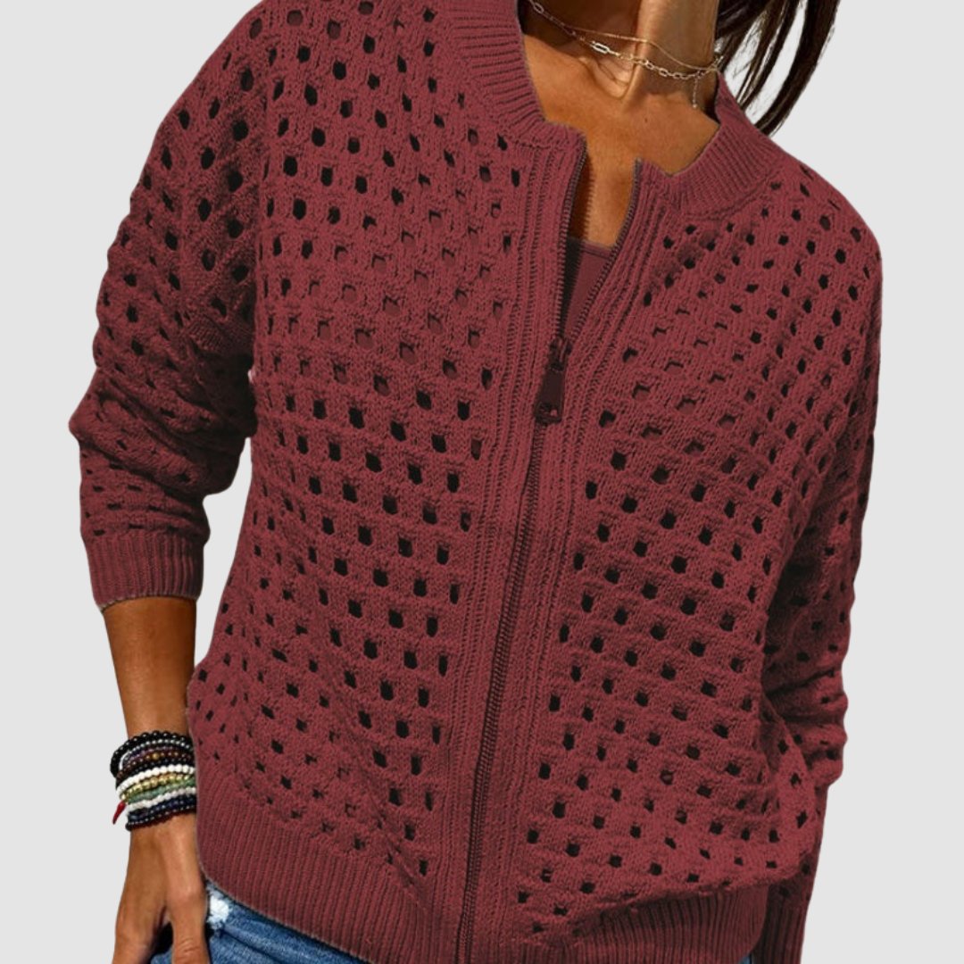 Luna Women's Cardigan Sweater with Hollow-Knit Pattern and Full-Length Zipper 5