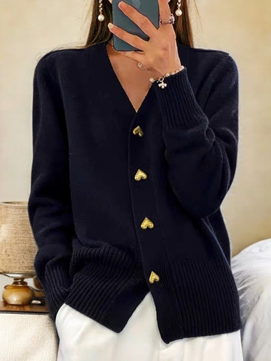 Luna Women's Cardigan with V-Neck and Golden Heart Buttons 0