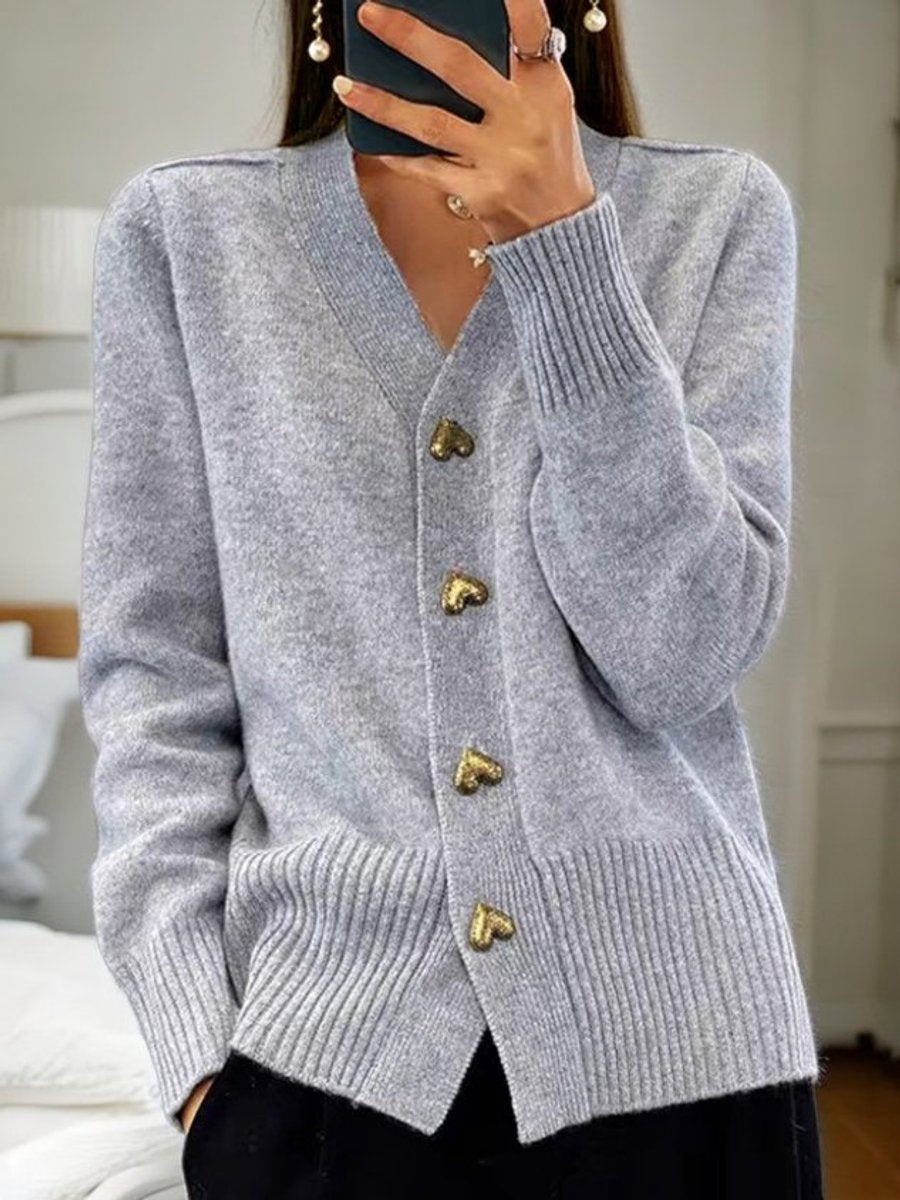 Luna Women's Cardigan with V-Neck and Golden Heart Buttons 1