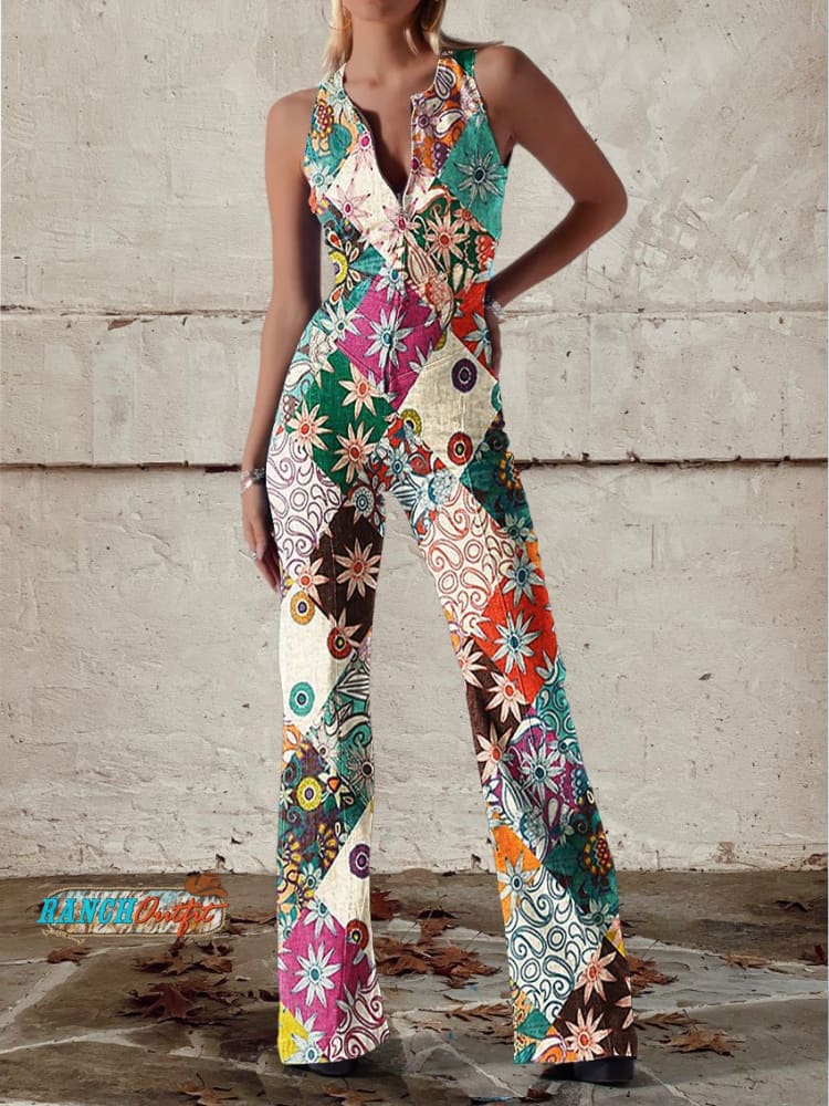 Luna Women’s Denim Jumpsuit with Floral Print and Zipper Closure 0