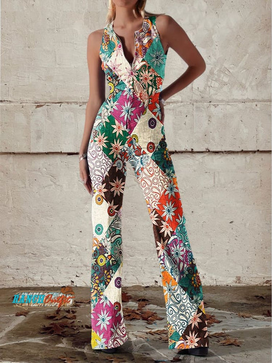 Luna Women’s Denim Jumpsuit with Floral Print and Zipper Closure 0