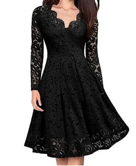 Luna Women’s Lace Dress with V-Neck and Flared Skirt 0